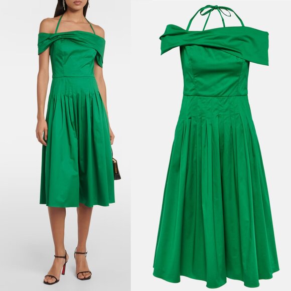 Oscar de la Renta Off-Shoulder Silk Midi Dress Green Pre-Spring 2024 4 - Picture 1 of 8